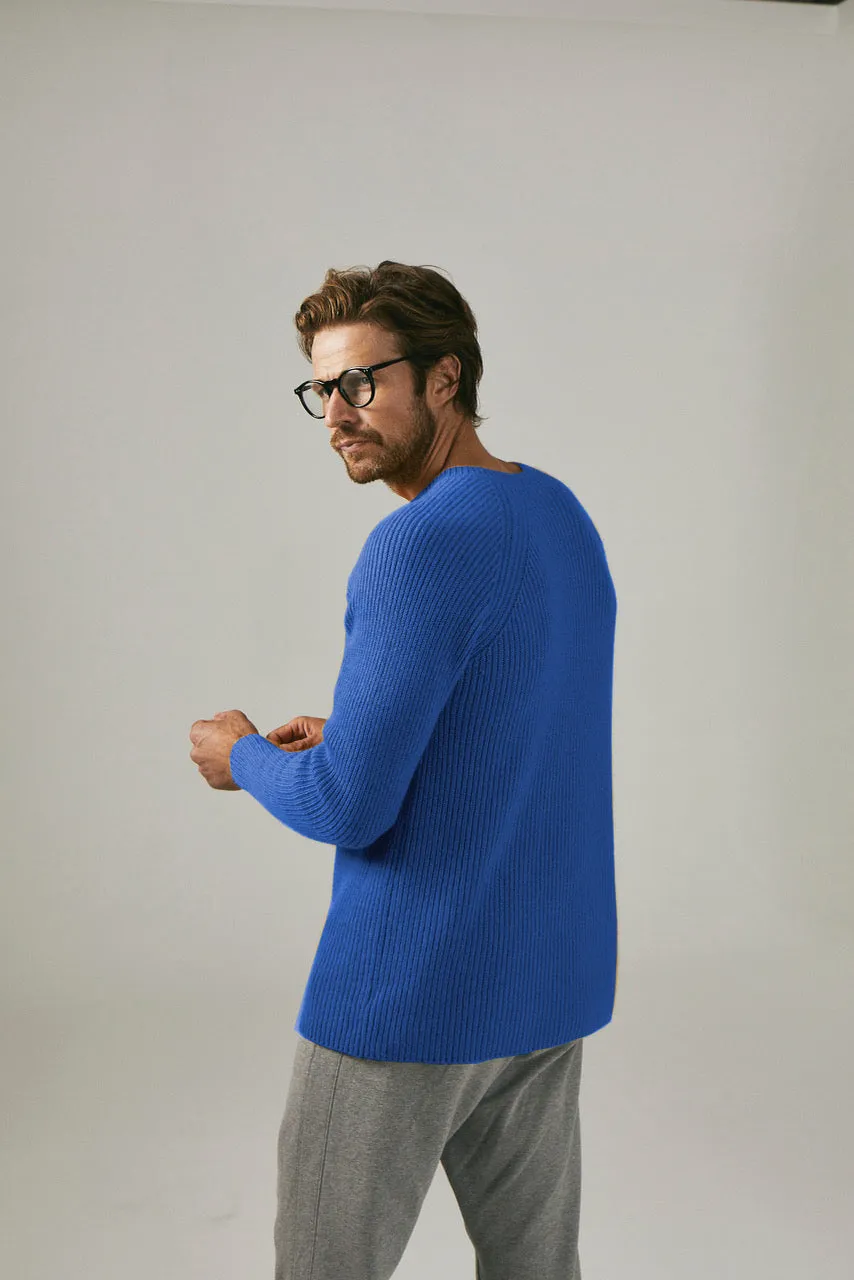 100% Cashmere ribbed crew sweater in Cobalt Blue