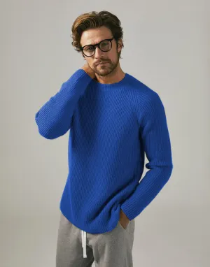 100% Cashmere ribbed crew sweater in Cobalt Blue