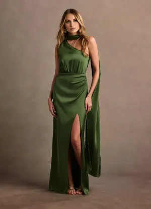 Asymmetric shoulder neckline tight fitting and floor length evening gowns