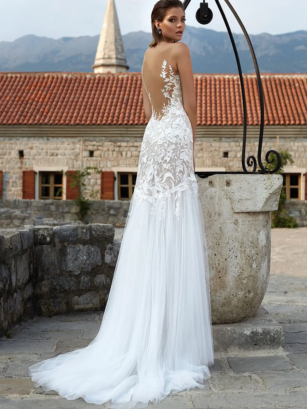 Backless Lace Floor Length Bridal Gowns