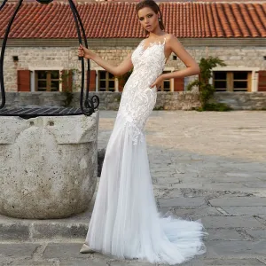 Backless Lace Floor Length Bridal Gowns