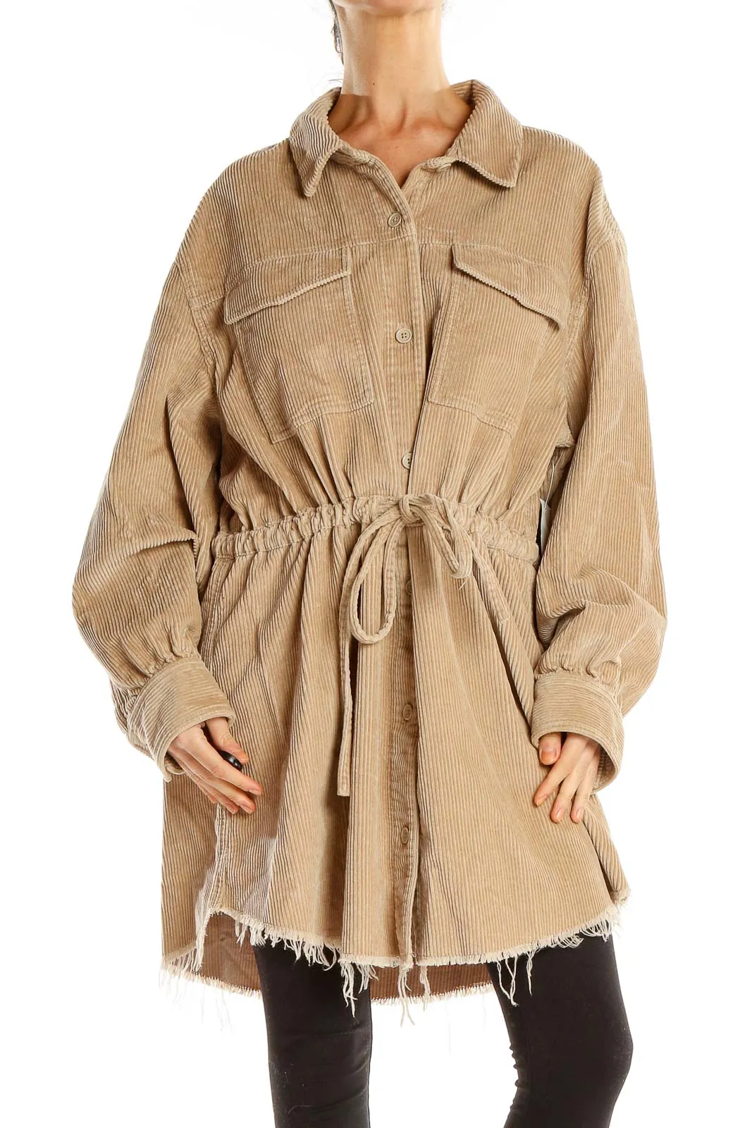 Beige Corduroy Cinched Waist Coat