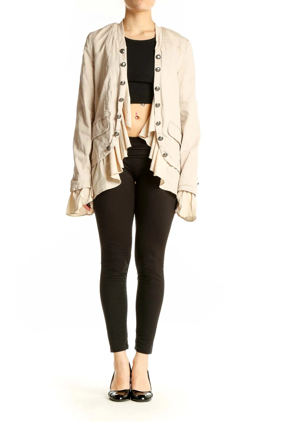 Beige Ruffled Military-Style Jacket