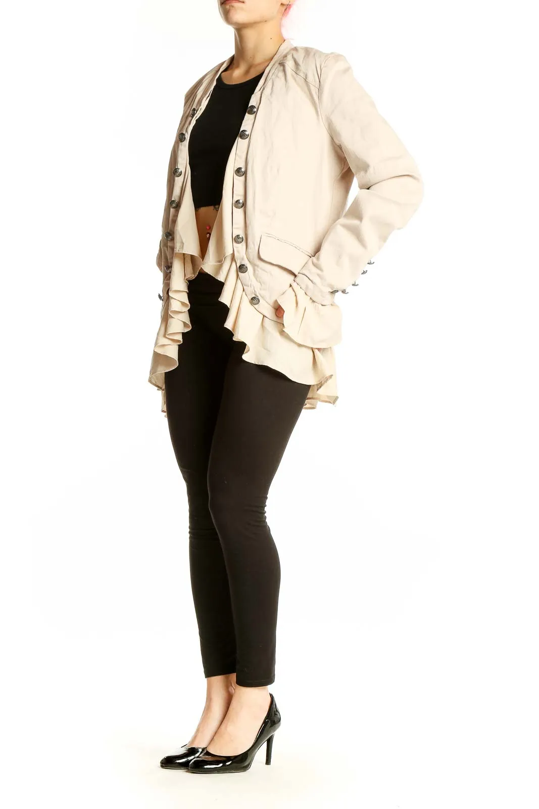 Beige Ruffled Military-Style Jacket