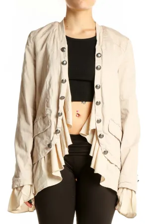 Beige Ruffled Military-Style Jacket