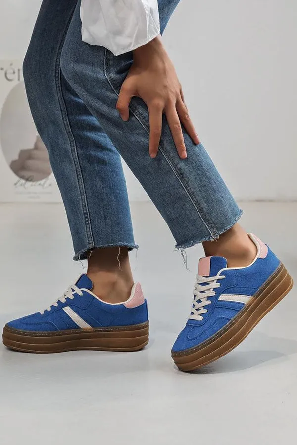 Chloe Side Stripe Lace Up Platform Trainers Blue