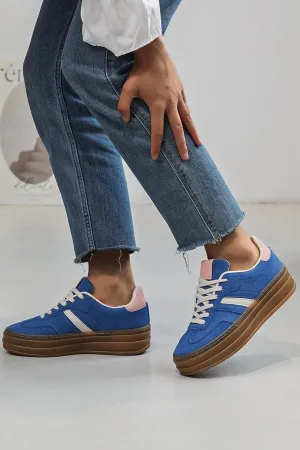 Chloe Side Stripe Lace Up Platform Trainers Blue