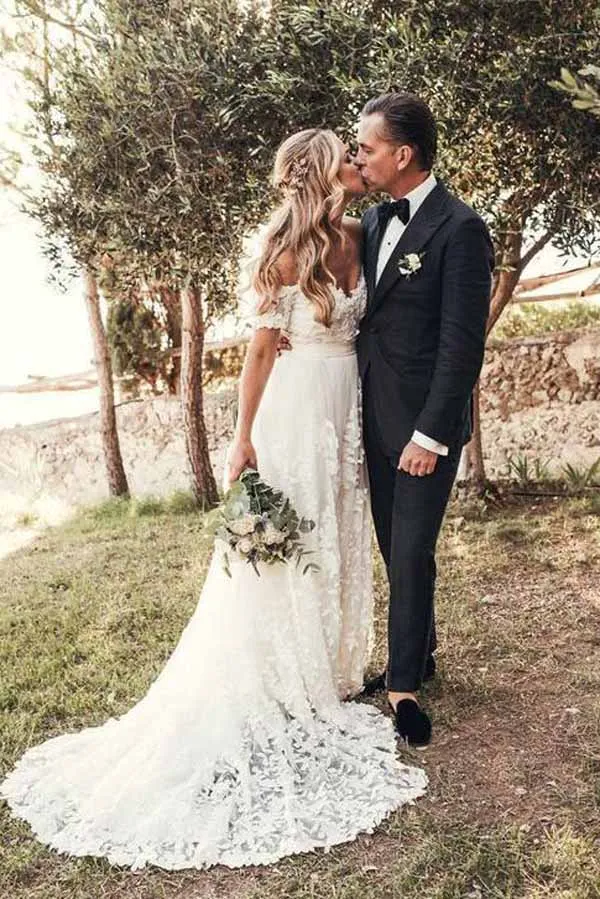 Elegant Ivory Off the Shoulder Lace Wedding Dresses Beach Wedding Dresses, SW206