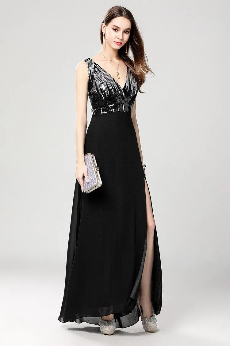 FashionSierra - Sexy V Neck Sleeveless Sequined Fashion Long Party Prom Dresses