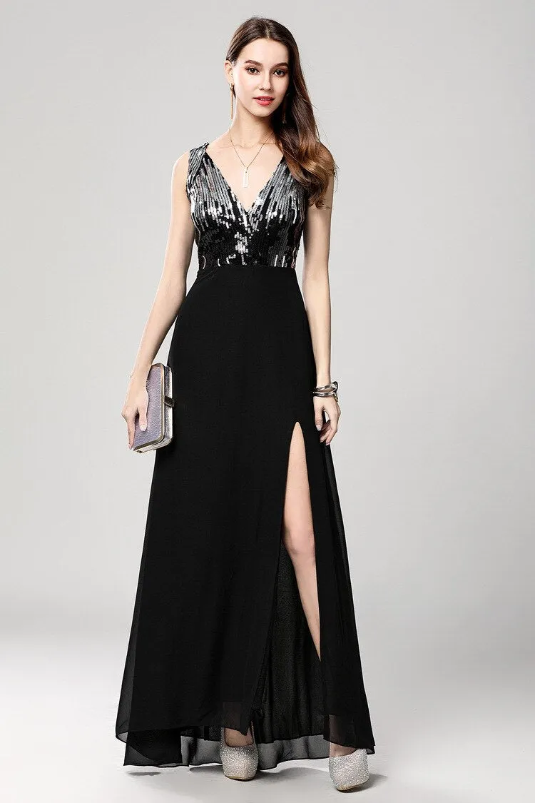 FashionSierra - Sexy V Neck Sleeveless Sequined Fashion Long Party Prom Dresses