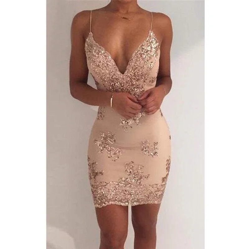 FashionSierra - Summer Women Dress Spaghetti Strap V Neck Sequined Lace Bodycon Dresses Sleeveless Party Evening Vestidos Femme Short Mini Dress