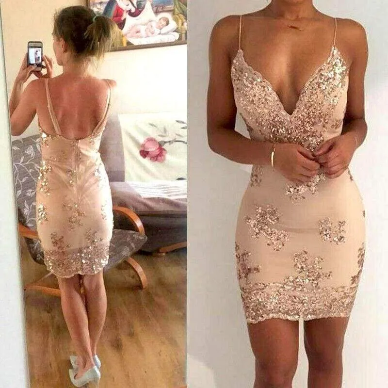 FashionSierra - Summer Women Dress Spaghetti Strap V Neck Sequined Lace Bodycon Dresses Sleeveless Party Evening Vestidos Femme Short Mini Dress