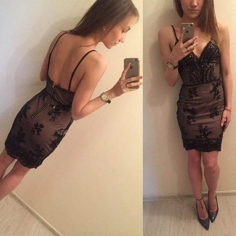 FashionSierra - Summer Women Dress Spaghetti Strap V Neck Sequined Lace Bodycon Dresses Sleeveless Party Evening Vestidos Femme Short Mini Dress
