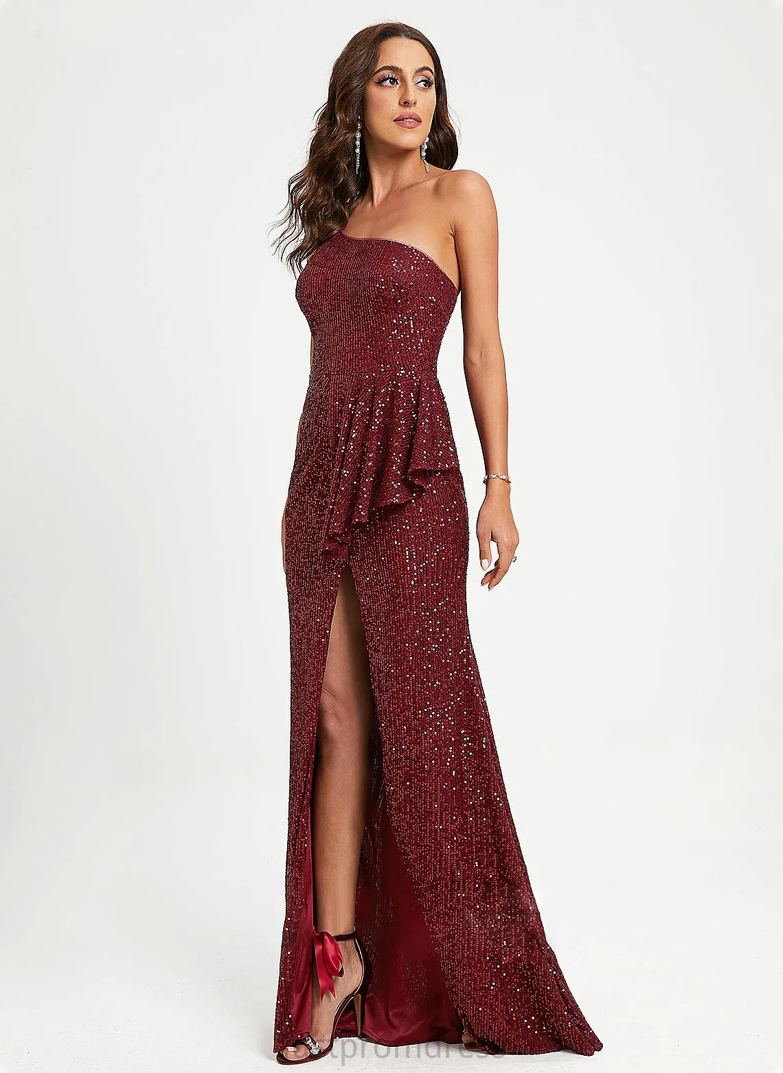 Floor-Length Sheath/Column Sequins Ruffle Prom Dresses With One-Shoulder Brisa Sequined