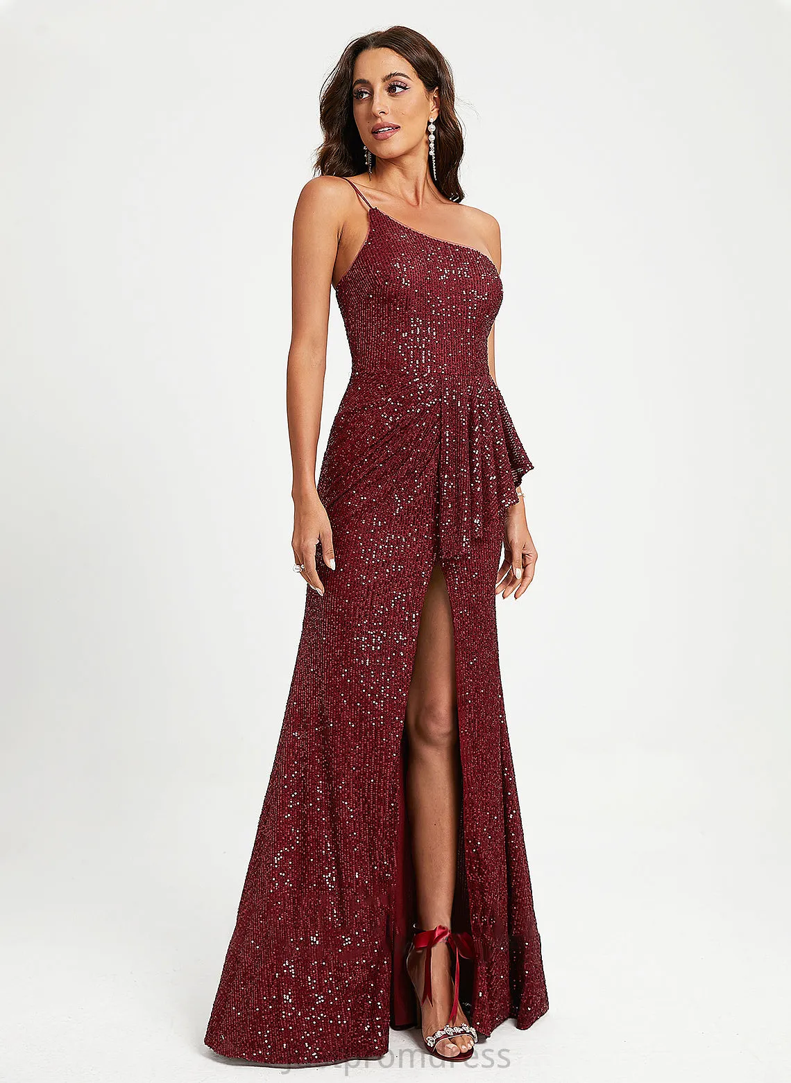 Floor-Length Sheath/Column Sequins Ruffle Prom Dresses With One-Shoulder Brisa Sequined