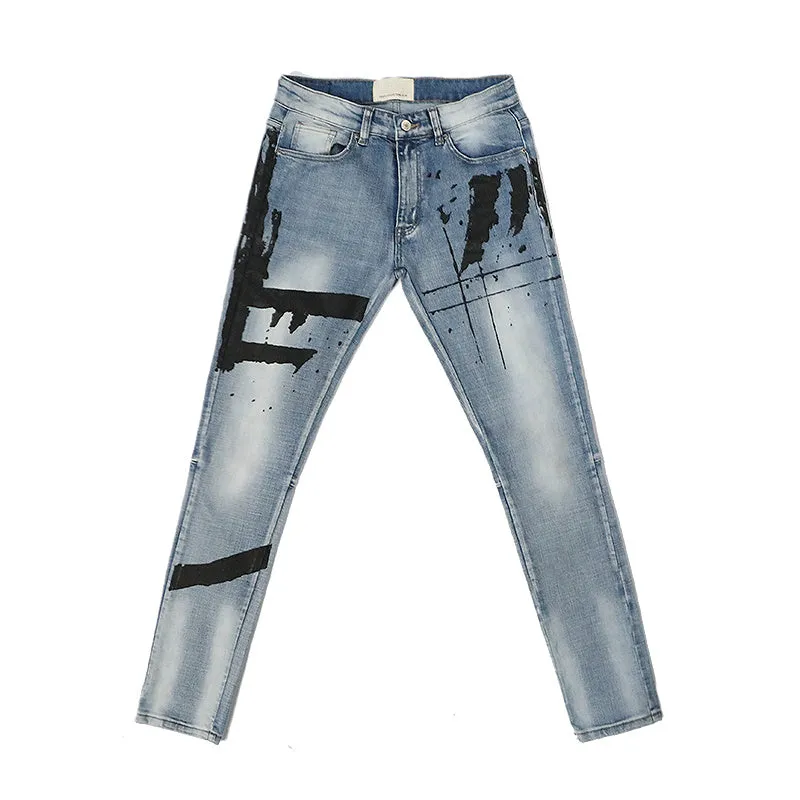 Graffiti Printed Washed And Distressed Slim-fit Jeans With Small Feet