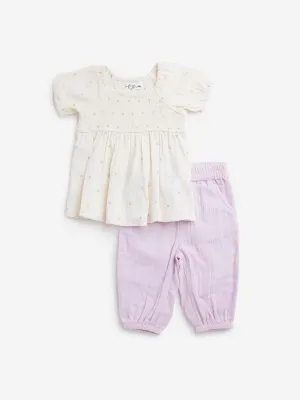 HOP Baby Off-White Smocked Cotton Top with Pants Set