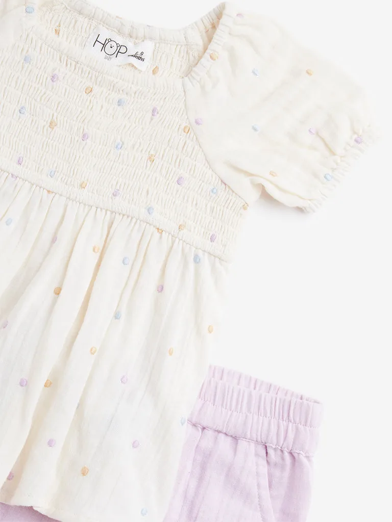 HOP Baby Off-White Smocked Cotton Top with Pants Set