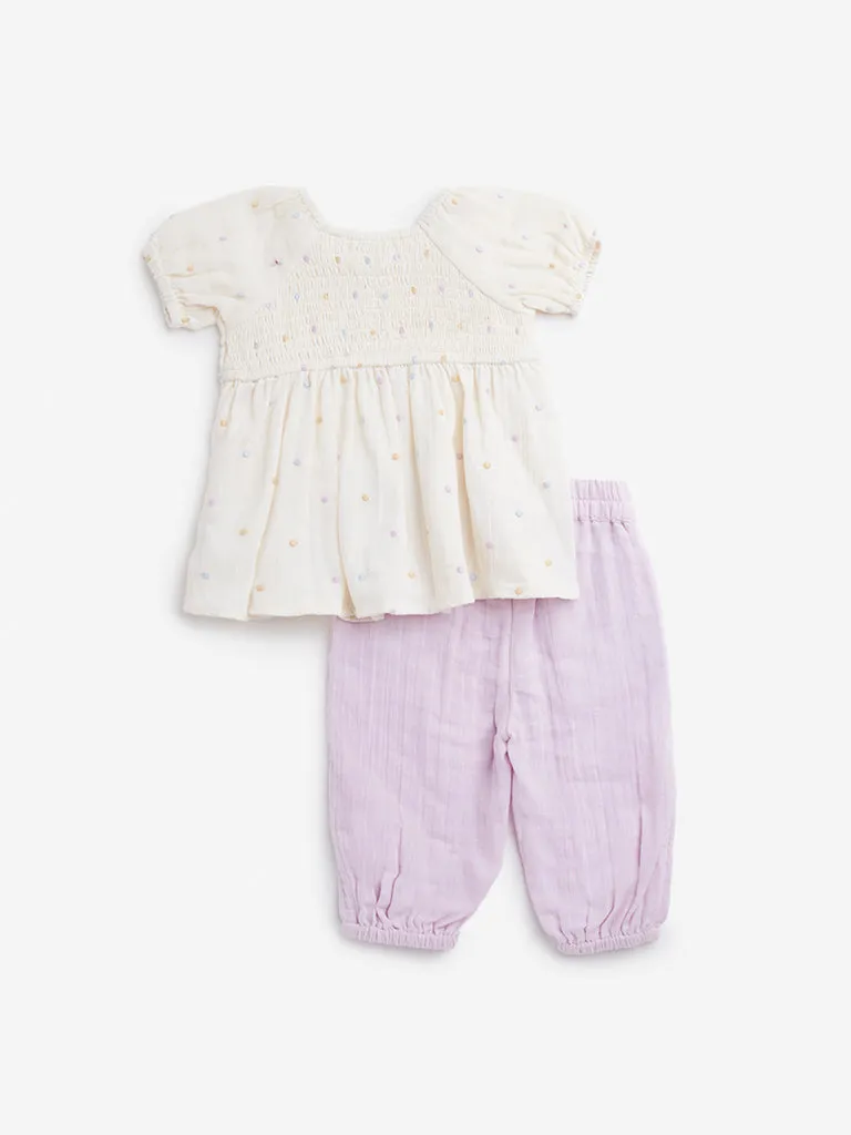 HOP Baby Off-White Smocked Cotton Top with Pants Set