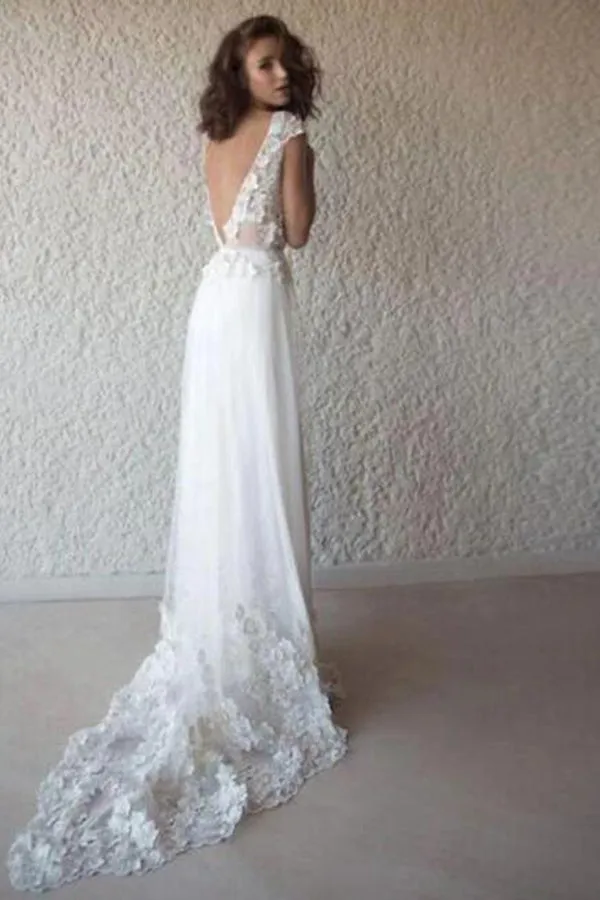 Ivory See Through Boho Cap Sleeve Beach Wedding Dresses Bridal Dresses, SW200