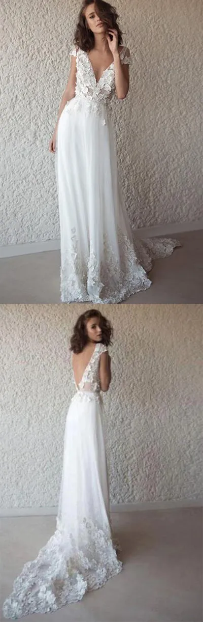 Ivory See Through Boho Cap Sleeve Beach Wedding Dresses Bridal Dresses, SW200