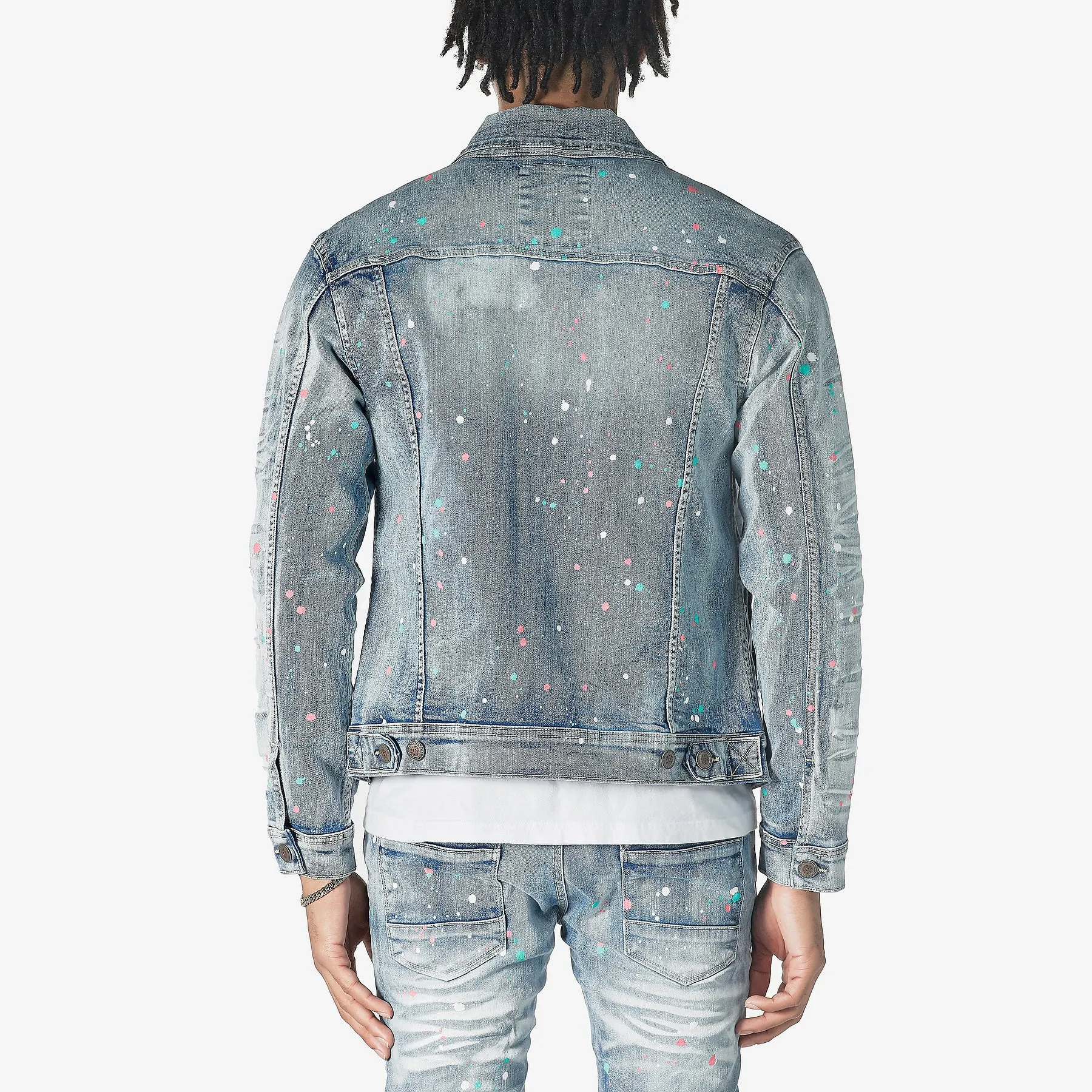 LIGHT SAND BLUE DENIM JACKET W/ SPOT DETAIL