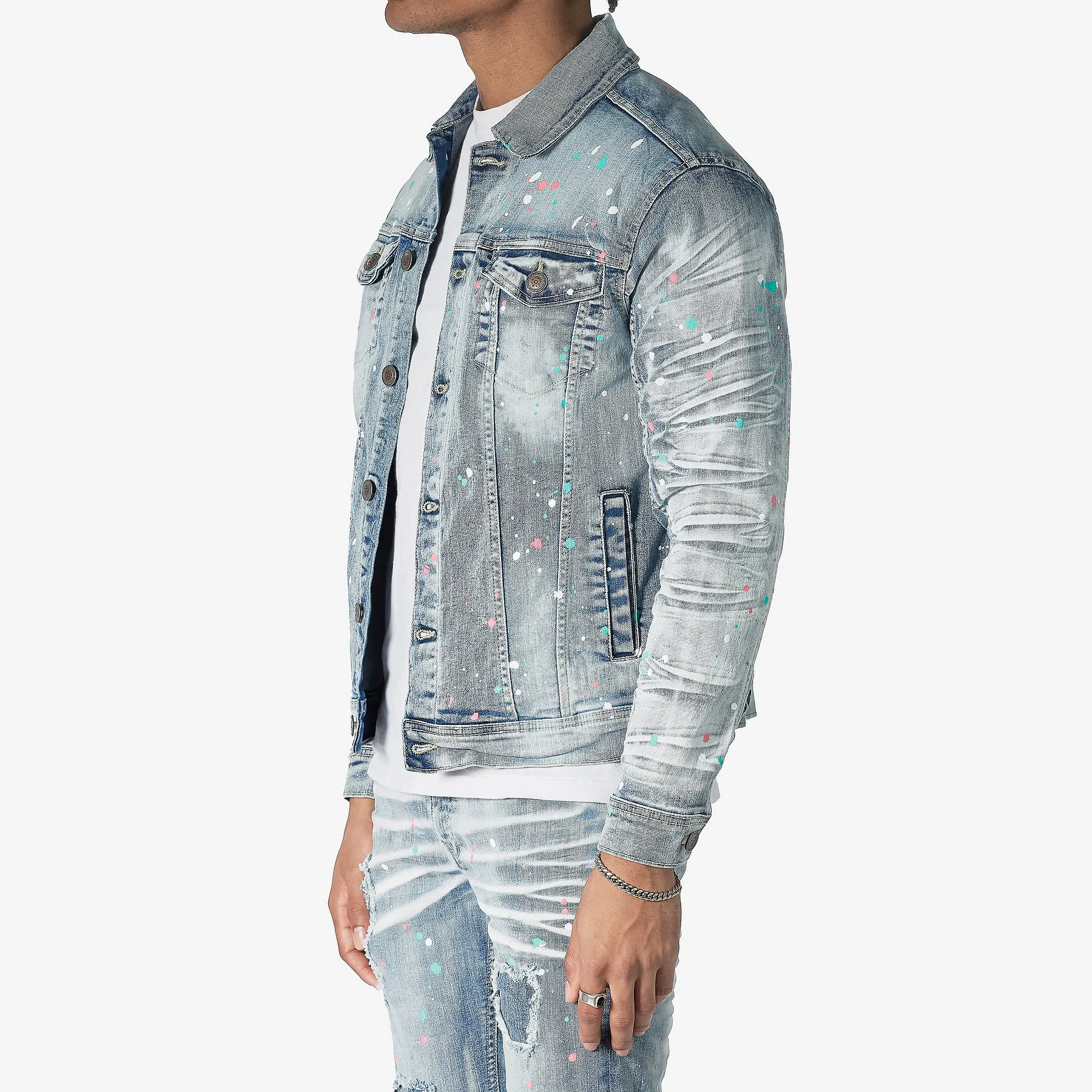 LIGHT SAND BLUE DENIM JACKET W/ SPOT DETAIL