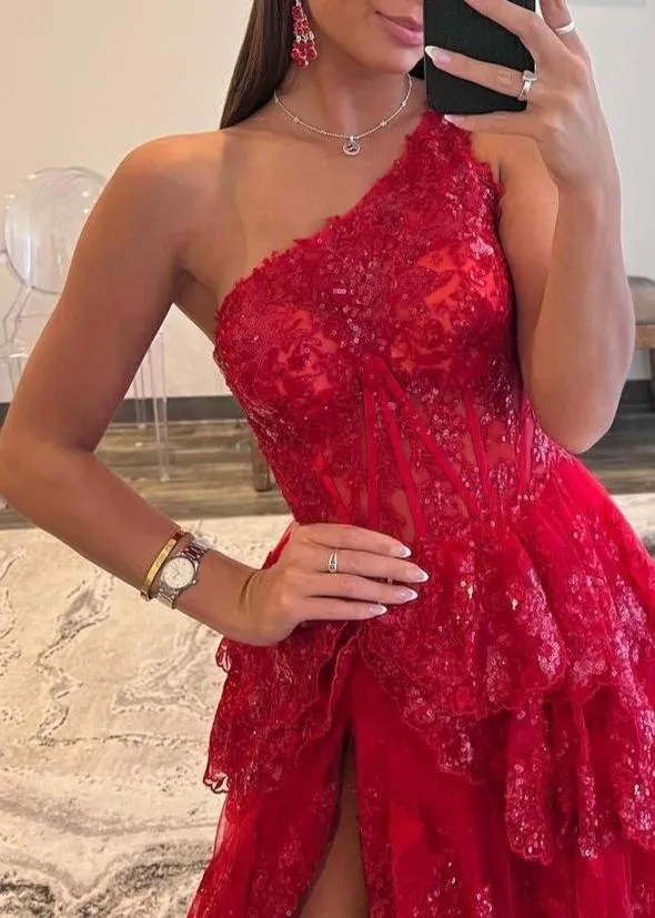 Livia |Sheath One Shoulder Tiered Lace Long Prom Dress