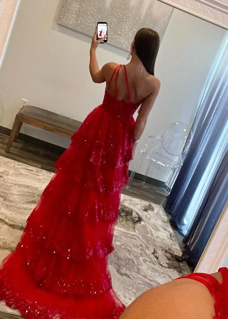 Livia |Sheath One Shoulder Tiered Lace Long Prom Dress