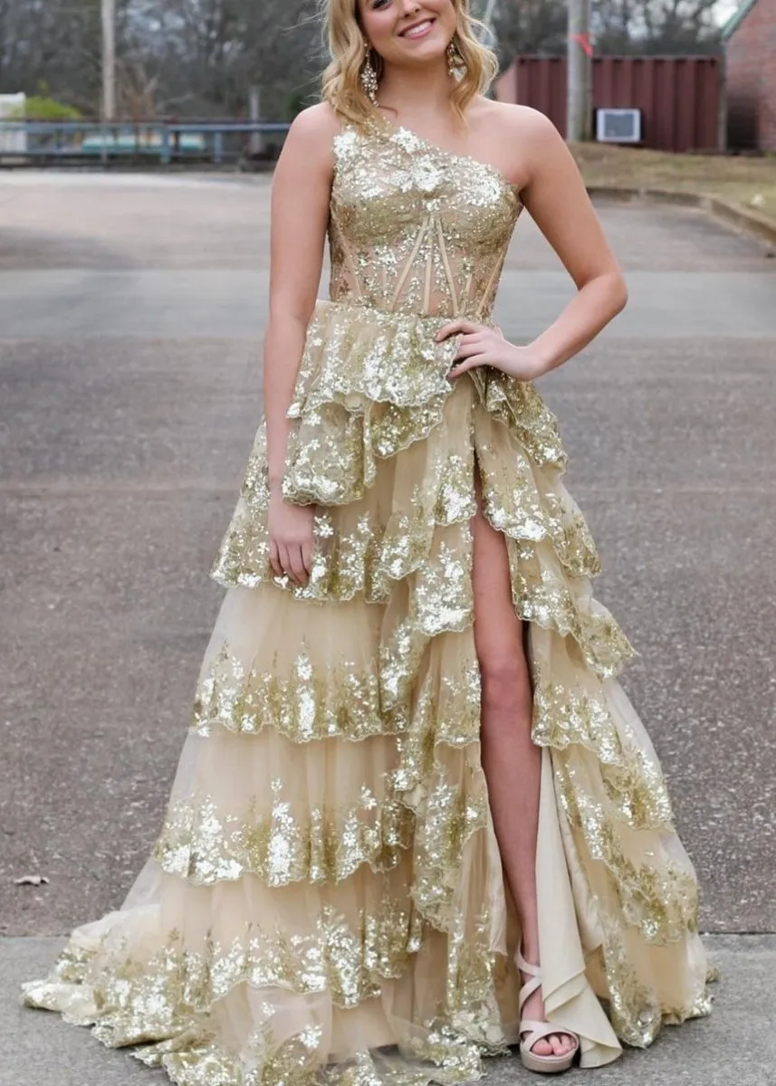Livia |Sheath One Shoulder Tiered Lace Long Prom Dress