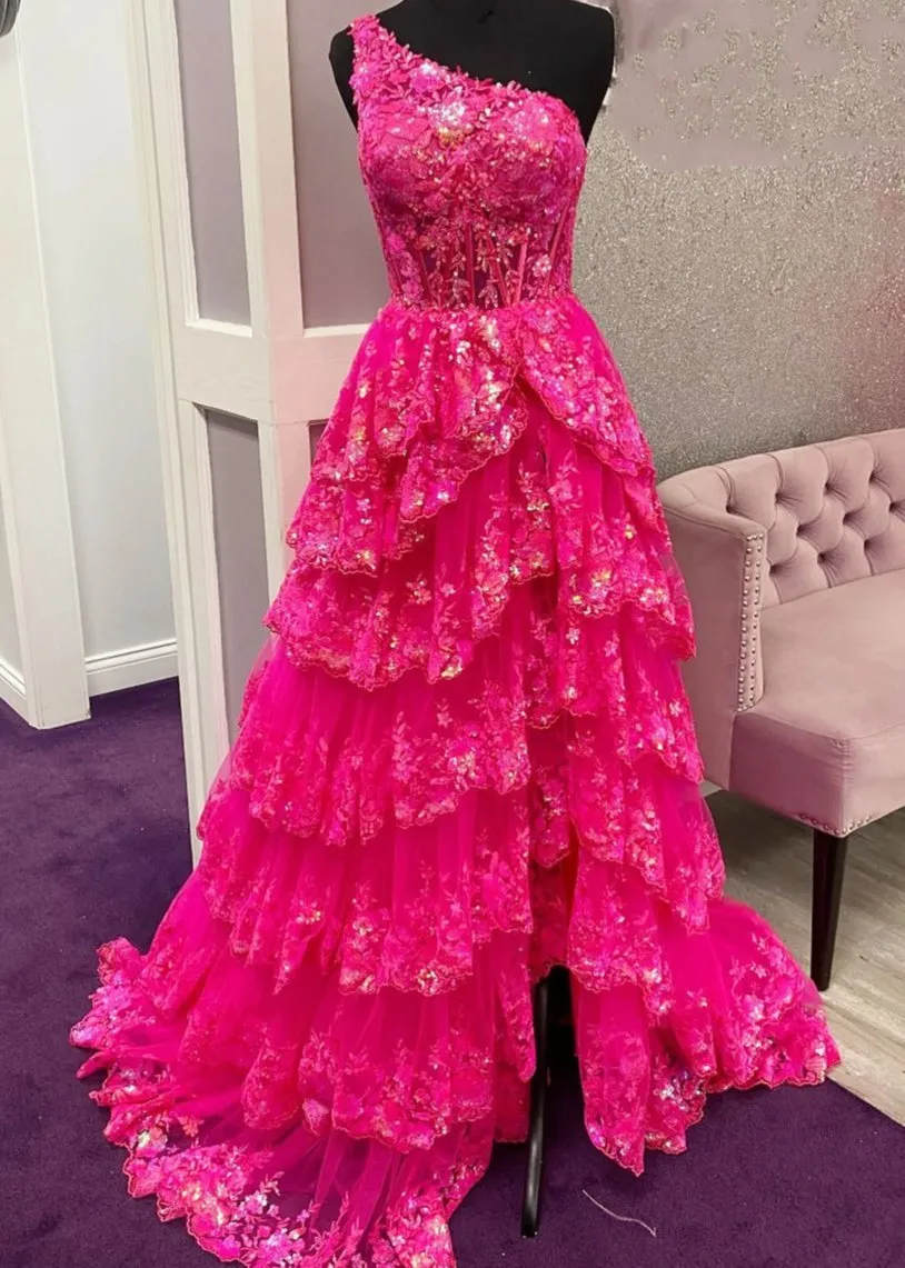 Livia |Sheath One Shoulder Tiered Lace Long Prom Dress