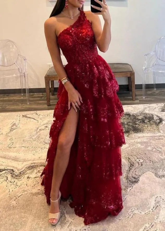 Livia |Sheath One Shoulder Tiered Lace Long Prom Dress