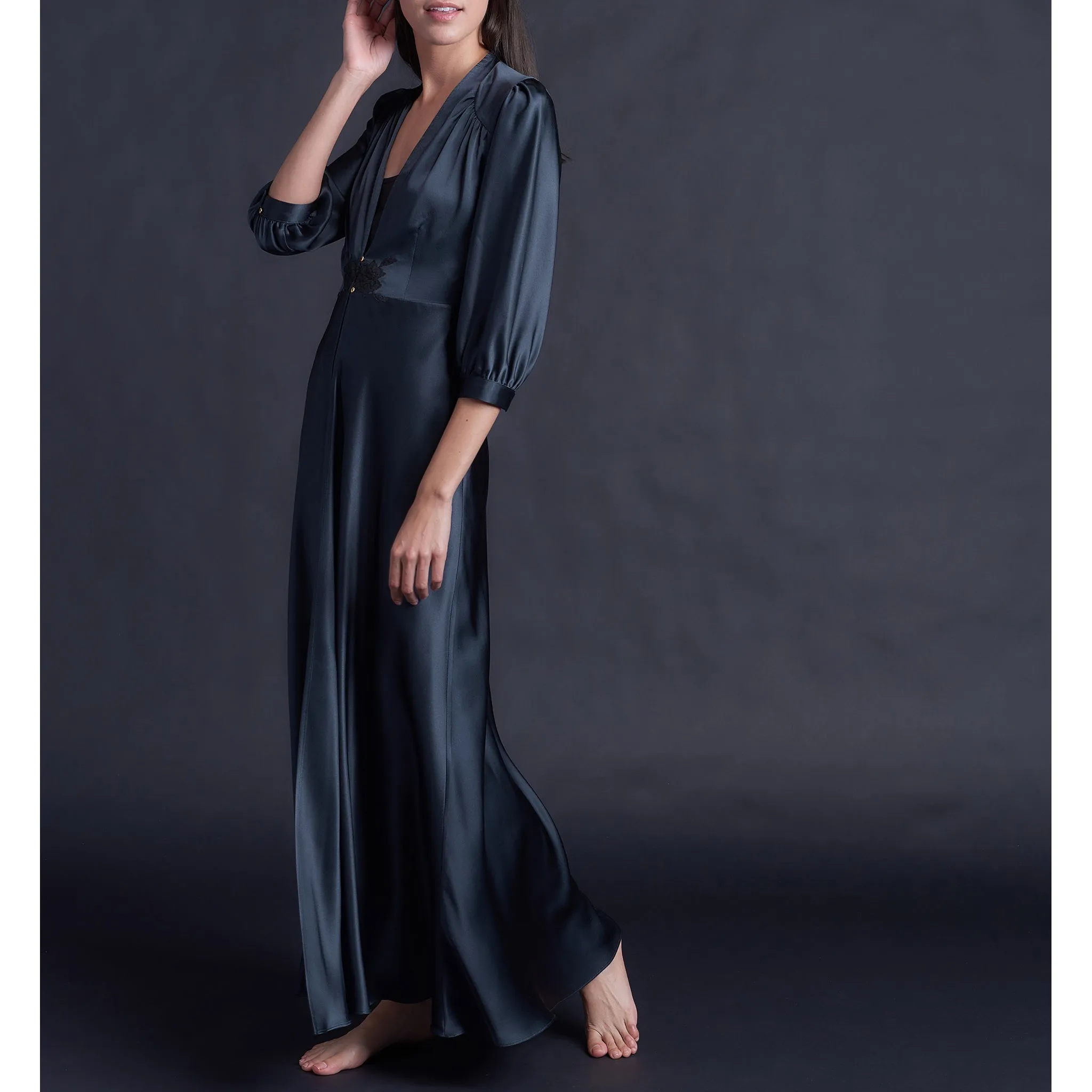 Maia Long Duster in Sapphire Silk Charmeuse
