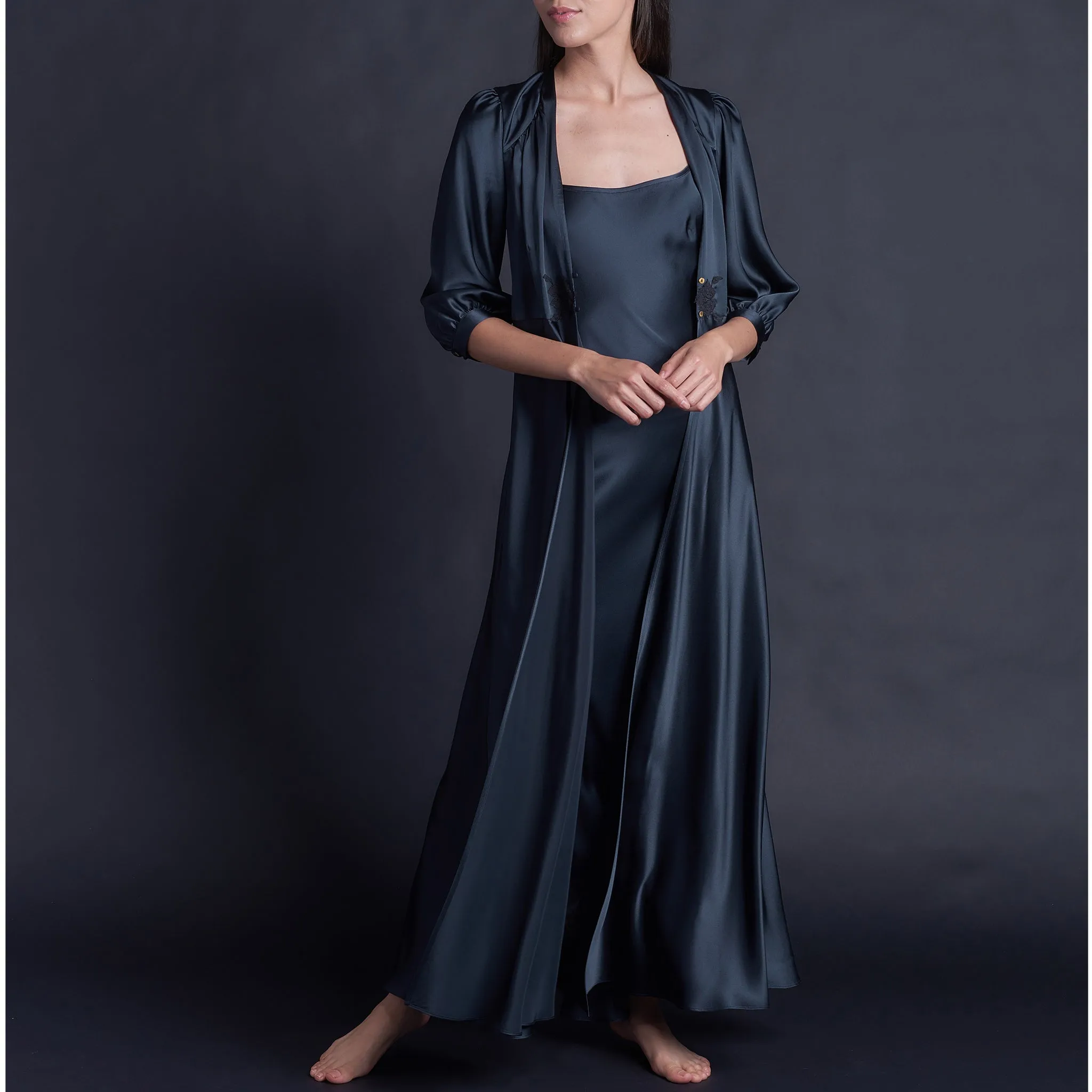 Maia Long Duster in Sapphire Silk Charmeuse