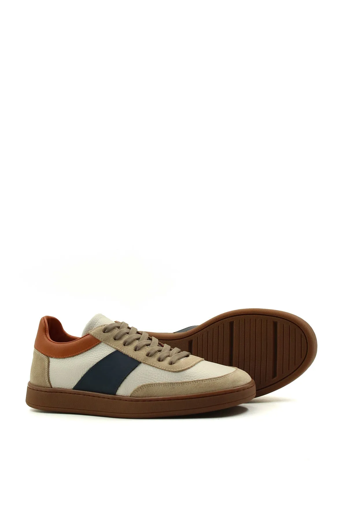 Men's Beige and Grey Suede Casual Sneakers with Brown and Navy Accents - Wessi