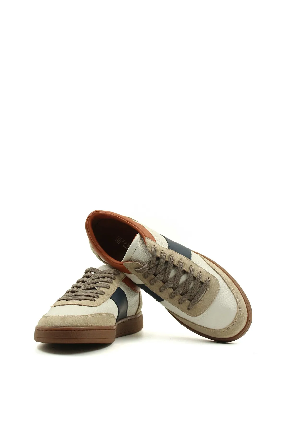 Men's Beige and Grey Suede Casual Sneakers with Brown and Navy Accents - Wessi