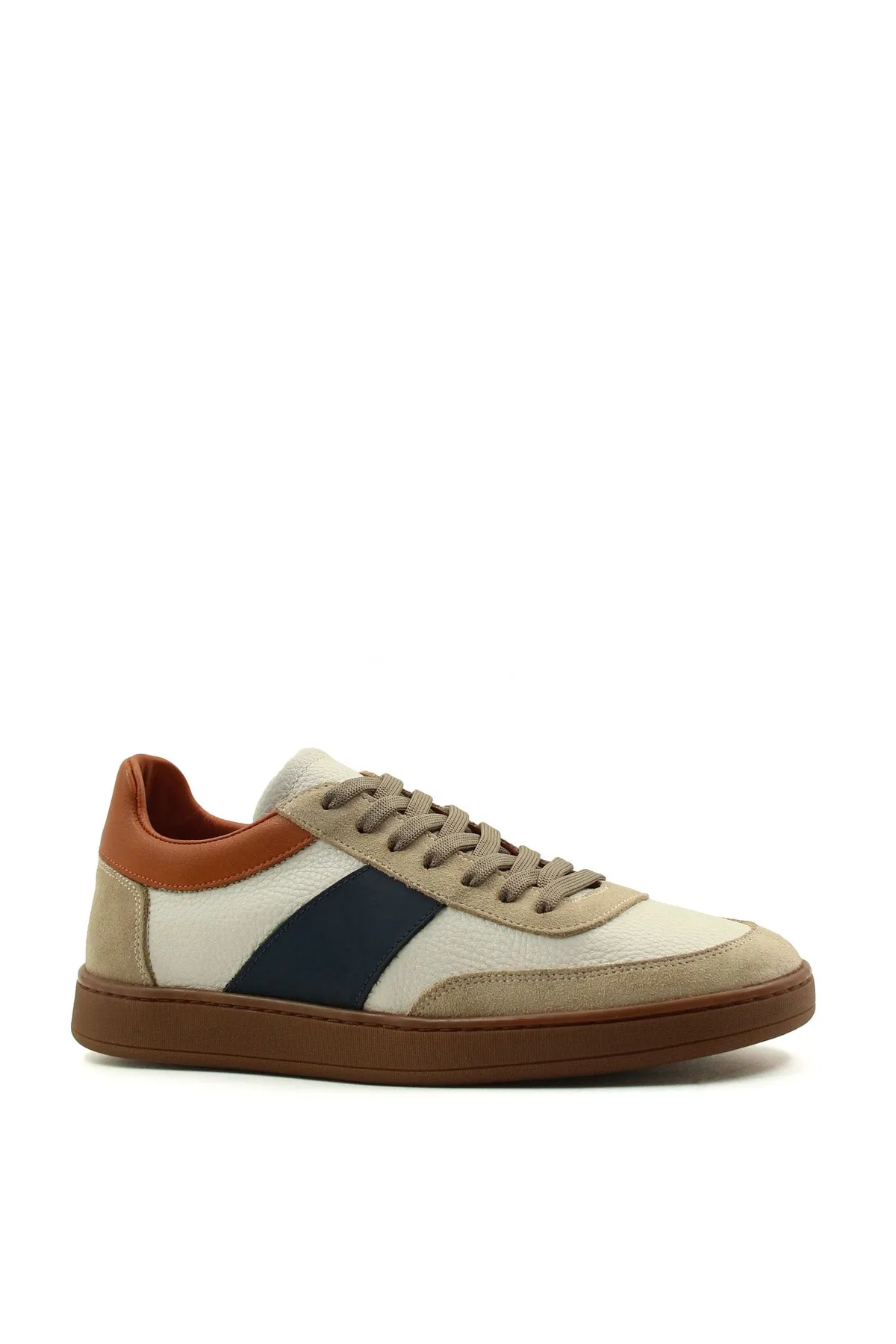 Men's Beige and Grey Suede Casual Sneakers with Brown and Navy Accents - Wessi