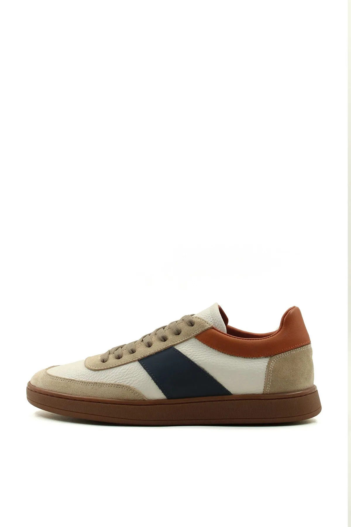 Men's Beige and Grey Suede Casual Sneakers with Brown and Navy Accents - Wessi