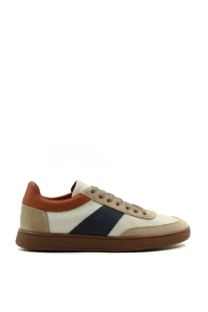 Men's Beige and Grey Suede Casual Sneakers with Brown and Navy Accents - Wessi