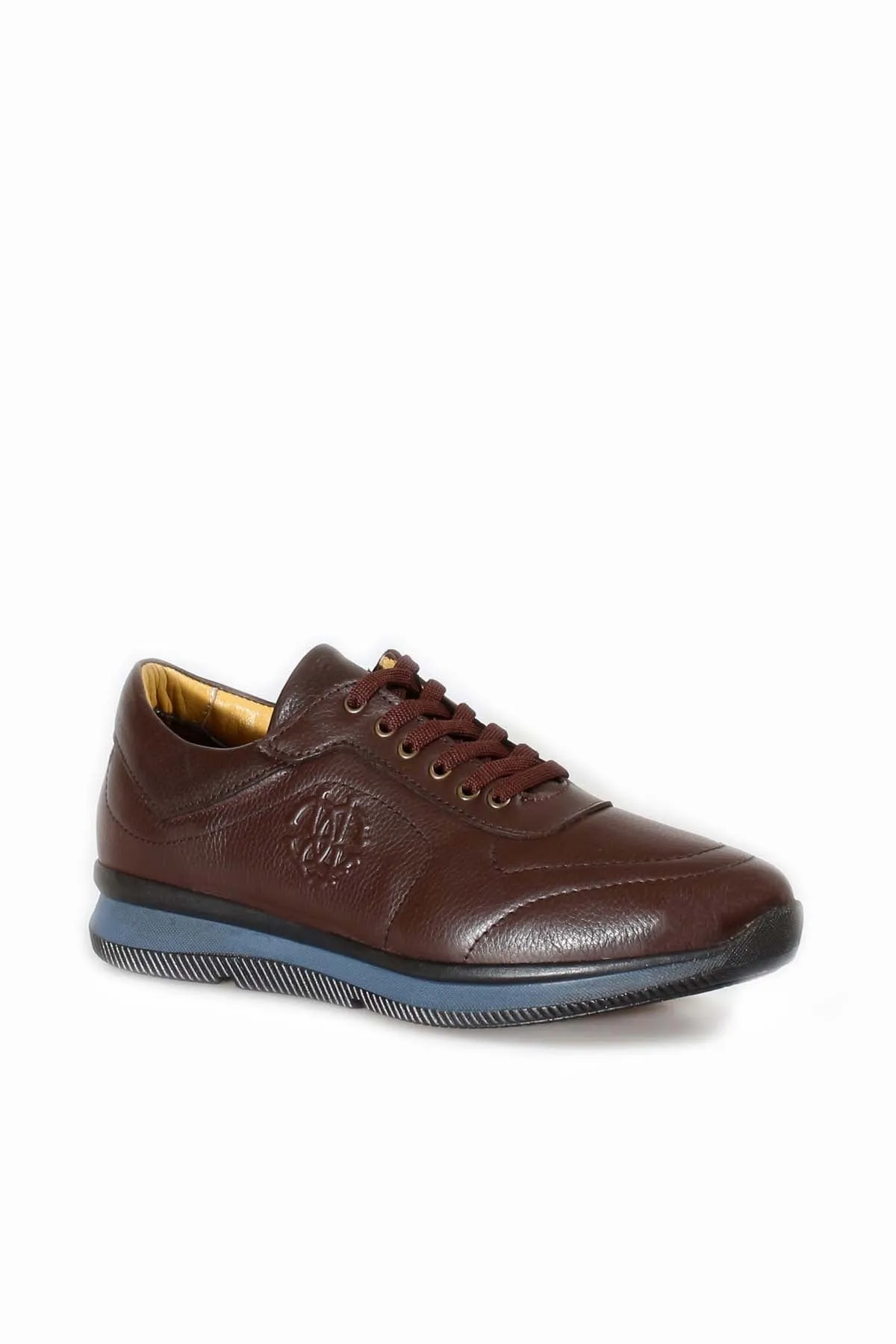 Men's Brown Leather Casual Sneakers with Blue Sole - Wessi