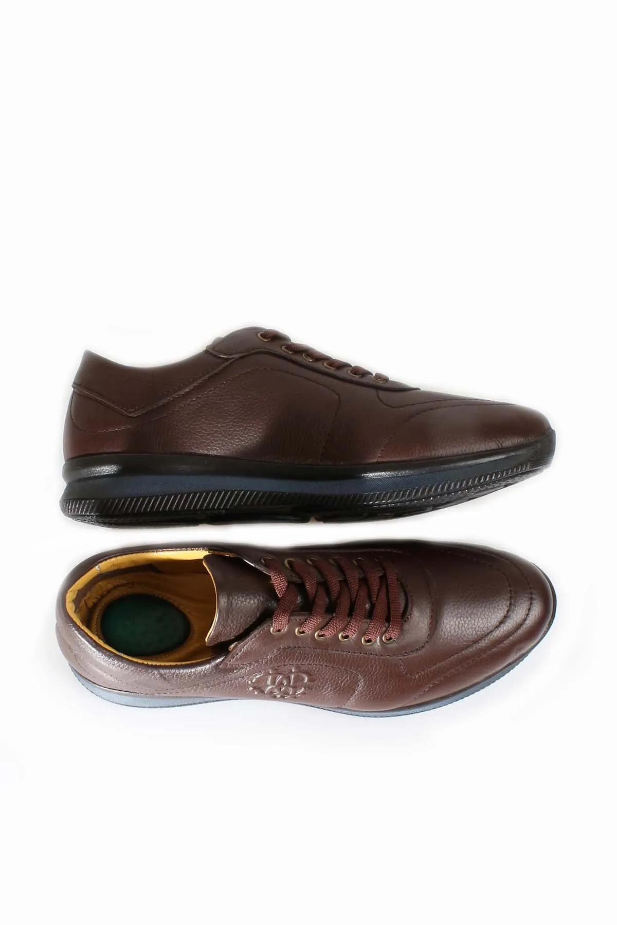 Men's Brown Leather Casual Sneakers with Blue Sole - Wessi