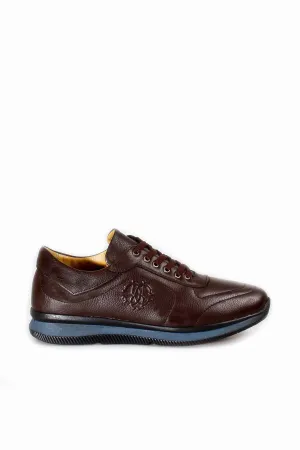 Men's Brown Leather Casual Sneakers with Blue Sole - Wessi