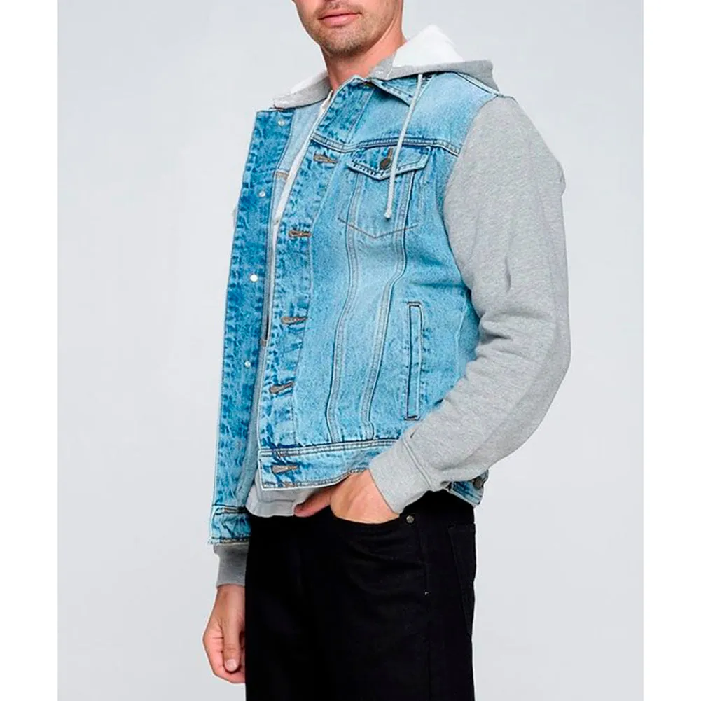 Men's Jean Jacket Hoodie Cotton Denim Long Sleeve Hybrid Hooded Trucker Jacket