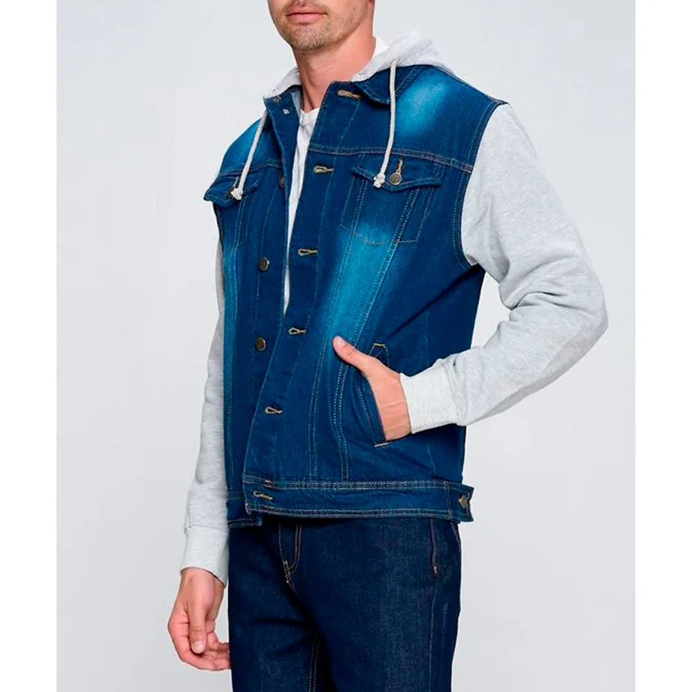 Men's Jean Jacket Hoodie Cotton Denim Long Sleeve Hybrid Hooded Trucker Jacket