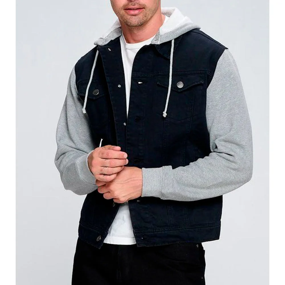 Men's Jean Jacket Hoodie Cotton Denim Long Sleeve Hybrid Hooded Trucker Jacket