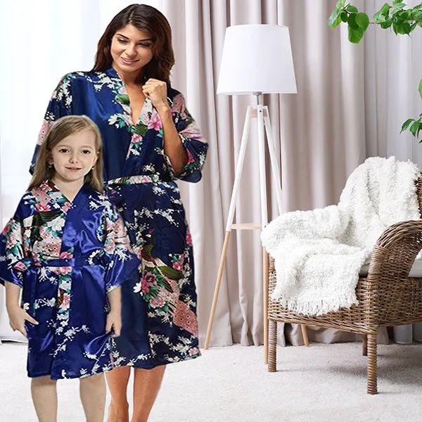 Navy Blue Mommy and Me Robes, Floral, Satin Feel
