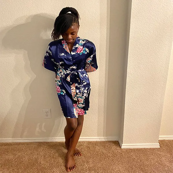 Navy Blue Mommy and Me Robes, Floral, Satin Feel