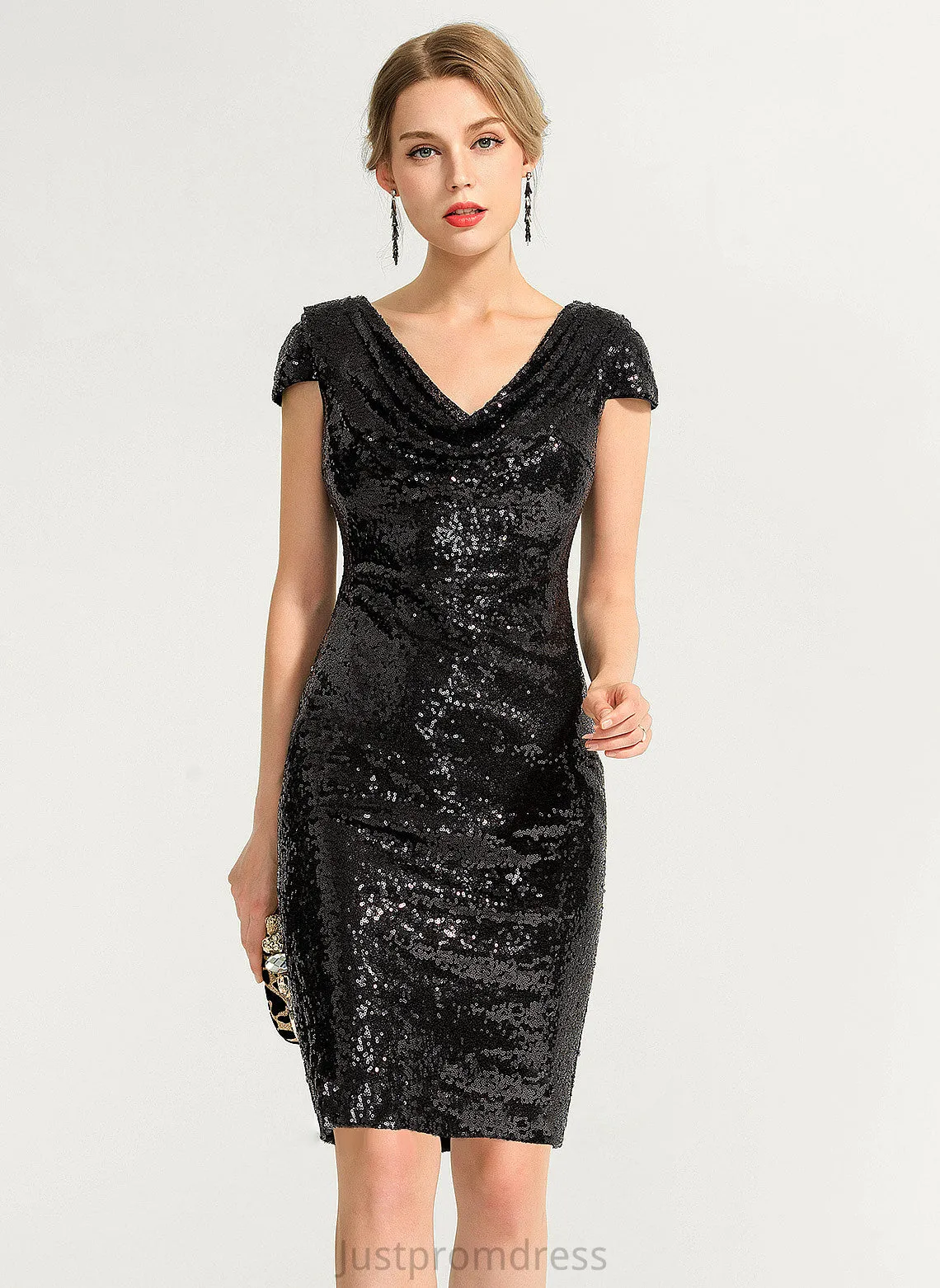 Neck Knee-Length Sheath/Column Sequined Dress Cocktail Cocktail Dresses Tiffany Cowl