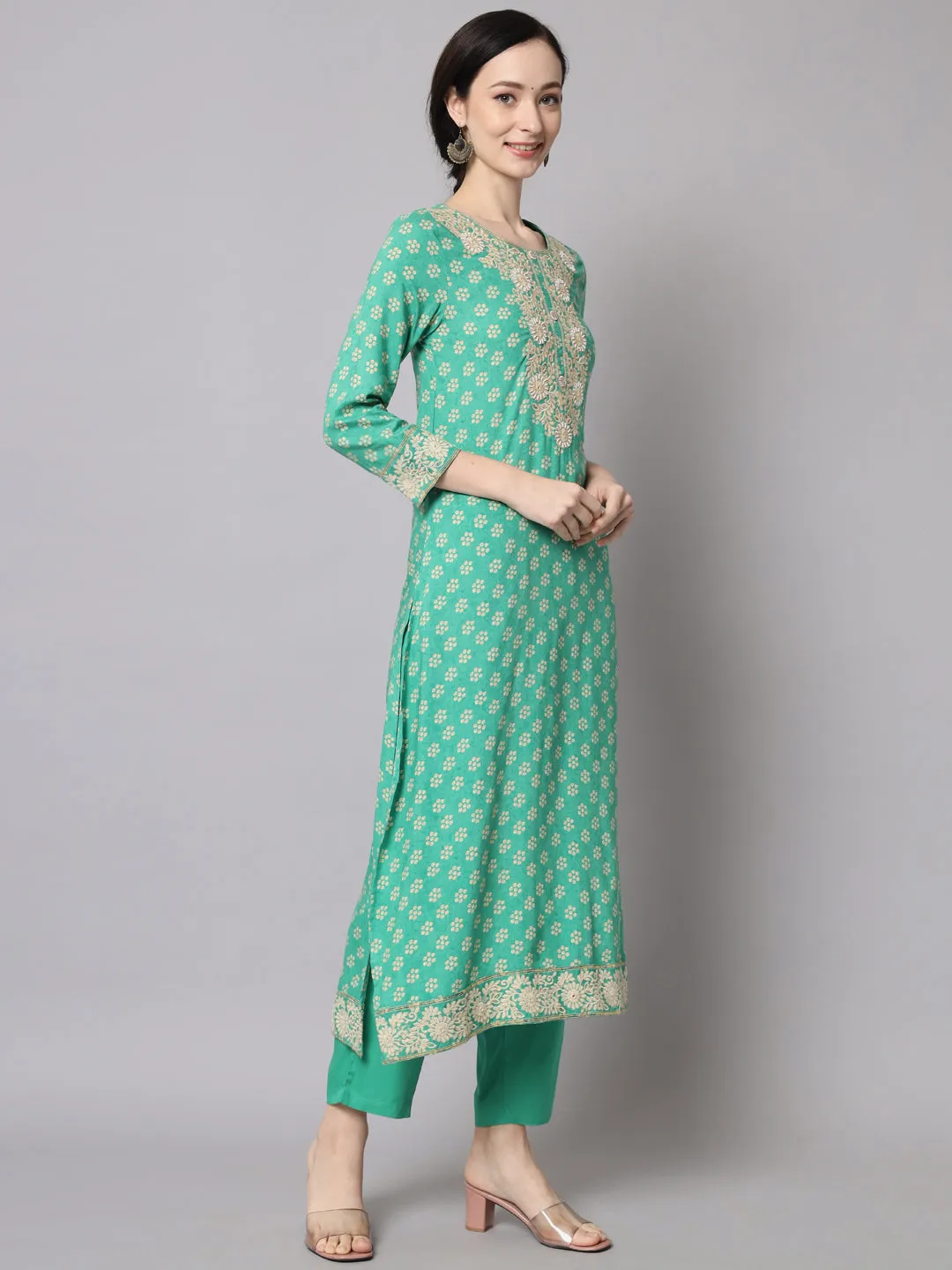 Nehamta Green Color Rayon Straight Women's Kurta With Pant