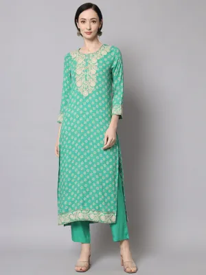 Nehamta Green Color Rayon Straight Women's Kurta With Pant